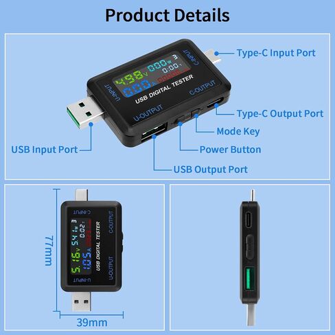 جهاز قياس الطاقة USB C، جهاز اختبار USB متعدد 4.5-36 فولت 0-5A الجهد الكهربي الحالي أمبير فولت جهاز قياس التيار الكهربائي للكشف عن مقياس التيار الكهربائي للشواحن وكابل بنك الطاقة in Saudi Arabia
