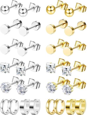 ORAZIO 14Pairs الرجال الأقراط الفضة الذهب الأسود الأقراط للنساء الرجال الفولاذ المقاوم للصدأ هوب الأقراط مكعب زركونيا الأقراط ترصيع للرجال هيبوالرجينيك أقراط مجوهرات للجنسين in Kuwait