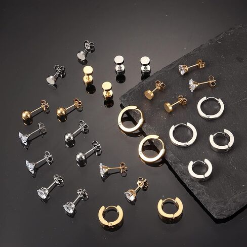 ORAZIO 14Pairs الرجال الأقراط الفضة الذهب الأسود الأقراط للنساء الرجال الفولاذ المقاوم للصدأ هوب الأقراط مكعب زركونيا الأقراط ترصيع للرجال هيبوالرجينيك أقراط مجوهرات للجنسين in Kuwait