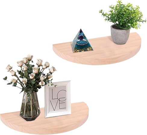 Small Floating Plant Shelves Set of 2 - Rustic Wood Half Circle Shelves for Bedroom Living Room Bathroom Kitchen Office (Natural) in Saudi Arabia
