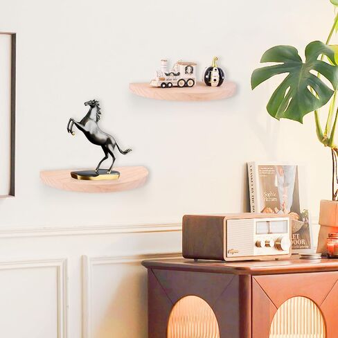 Small Floating Plant Shelves Set of 2 - Rustic Wood Half Circle Shelves for Bedroom Living Room Bathroom Kitchen Office (Natural) in Saudi Arabia