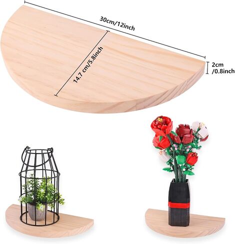 Small Floating Plant Shelves Set of 2 - Rustic Wood Half Circle Shelves for Bedroom Living Room Bathroom Kitchen Office (Natural) in Saudi Arabia
