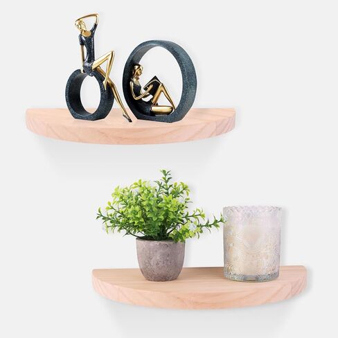 Small Floating Plant Shelves Set of 2 - Rustic Wood Half Circle Shelves for Bedroom Living Room Bathroom Kitchen Office (Natural) in Saudi Arabia