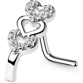 Dynamique CZ Paved Triple Heart Nose Crawlers 316L Surgical Steel L Bend Nose Stud Ring (Sold Per Piece)