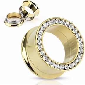 WildKlass Jewelry Gemmed Rim Gold IP Over 316L Surgical Steel Screw-Fit Double Flared Tunnel Plug (Sold as a Pair)
