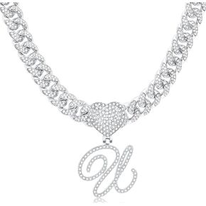 RLMOON Cursive Initial Cuban Necklace for Women Silver Miami Iced Out Cuban Chain Choker Necklace Diamond Initial Heart Pendant Letter Necklace Alphabet A-Z Hip Hop Jewelry