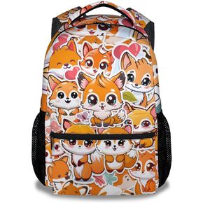 Cute Fox Backpack for Girls Boys, 16" Orange Backpacks for School, Kawaii Lightweight Bookbag for Kids Students