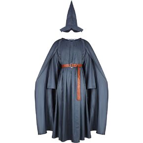 LILLIWEEN Adult Wizard Robe Men Sorcerer Costume Grey Cloak with Wizard Hat Cape Halloween Cosplay Suit