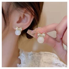 Vintage Crystal Pearl Earrings Rhinestone Bow Stud Earrings Gold Cz Pearl Earrings Bowknot Pearl Post Earrings Jewelry for Women and Girls