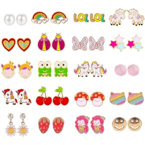 20 Pairs Earrings Set for Girls，Hypoallergenic Stud Colorful Earrings Set Cute Animal Butterfly Heart Flower Pearl Earring for Teen Girls Little Girls Jewelry Sets