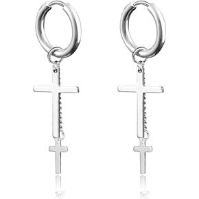 Punk Double Cross Small Hoop Huggie Dangle Earrings for Men Women Kpop Stainless Steel Hypoallergenic Christian Religious Cool Charm Chain Tassel Threader Drop Piercing Earring Hip Hop Personalized Dainty Fashion Jewelry Gifts