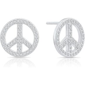 Sterling Silver Cubic Zirconia CZ Peace Sign Stud Earrings, 1/2'' Diameter