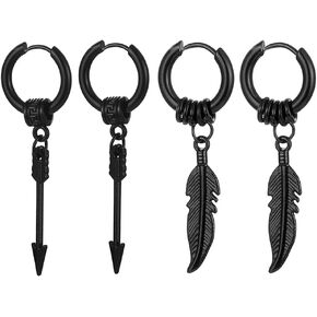 Feather Earrings For Men Women Black Stainless Steel Stylish Kpop Punk Rock Hip Hop Edgy Gothic Cool Mens Arrow Dangle Huggie Hoop Earrings Jewelry Set For Teen Boys Girls