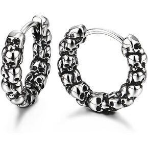 Pair Vintage Stacked Skulls Cluster Huggie Hinged Hoop Earrings Stainless Steel, Men Women, Gothic