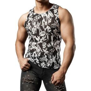 JOGAL Mens Boho Summer Tank Top Sleeveless Muscle Mesh Shirt