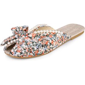 Perphy Floral Printed Peep Toe Slip on Pearl Flat Shoes Slides Mules for Women