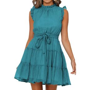 فستان FARYSAYS نسائي صيفي 2023 بدون أكمام وربطة خصر مكشكشة كاجوال متدرج قصير متأرجح in Kuwait