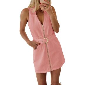 Fisoew Womens Summer Mini Dress Zip Up V Neck Collared Belted Sleeveless Cowgirl Tank Dresses