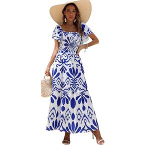WDIRARA Women's Floral Print Flounce Ruffle Hem Short Sleeve Square Neck Dresses