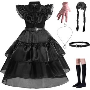 Black Wednesday Addams Costume Dress for Girls Halloween Costumes Cosplay Party Dress with Accessories 4-12Y