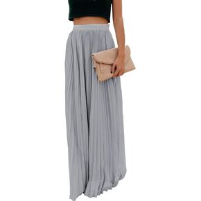 yoeasy Women's Casual Solid Longline Pleated Long Skirt Elastic Waist Chiffon Flowy Maxi Skirts