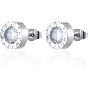 Solitaire Cubic Zirconia Circle Stud Earrings with Roman Numeral, Mens Womens Steel, 10MM