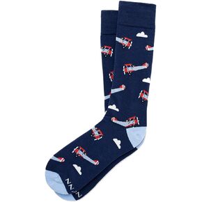 Men’s Alynn Navy Blue Vintage Bi Plane Airplane Aviation Novelty Crew Carded Cotton Socks
