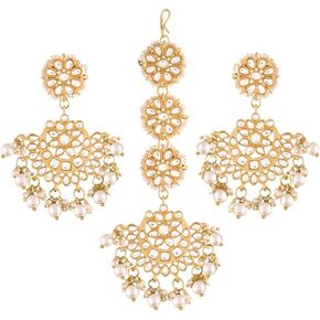 I Jewels 18K Gold Plated with Stunning Matte Finish Indian Traditional Kundan & Faux Pearl Chandbali Earrings with Maang Tikka Set (TE2911)