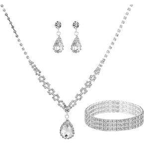 HIIXHC Prom Jewelry Set for Women, Bride Rhinestone Necklace Earrings Set Silver Plated Bridal Wedding Jewelry Costume Jewelry Sets for Women and Girls(