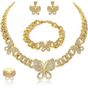 Butterfly Necklaces for Women Cuban Chain Necklace Bracelet Big Butterfly Pendant Necklace Rhinestone Cuban Link Necklace Bling Charm Butterfly Hoop Earrings for Women Girl