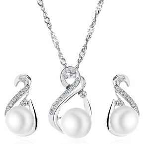 Faux Pearl Jewelry Set Freshwater Cultured Pearls Pendant Necklace Ivory Teardrop Pearl Dangling Earrings Cubic Zirconia Pearl Wedding Jewelry Set for Bridal Women Bridesmaids & Brides