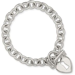 Solid 925 Sterling Silver Heart and Key Bracelet 8.5"