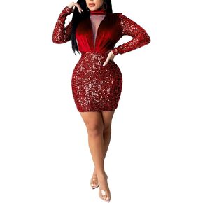 فستان قصير مثير من Sprifloral - فستان نسائي مزين بالترتر وشرابات ورقبة وهمية وحفلات أعياد الميلاد in Kuwait