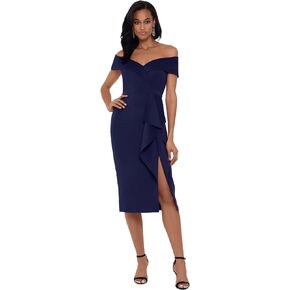 Xscape Women's Knee Length Off-The-Shoulder Scuba Side Slit Dress