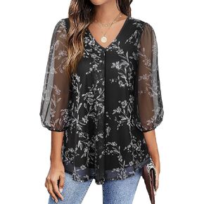 SeSe Code Womens Lantern 3/4 Sleeve Mesh Blouses Pleated Front Tunic V Neck Tops