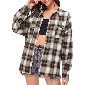 Mingzhu Oversized Plaid Flannel Shirts for Women Long Sleeve Casual Button Down Tops Blouse