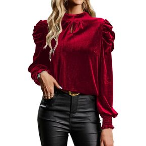 Womens Mock Neck Puff Long Sleeve Velvet Tops 2023 Fall Winter Dressy Casual Elegant Shirts Blouse