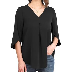 LAOLASI Womens Summer Chiffon Blouses 3/4 Sleeve V Neck Casual Loose Work Tops for Leggings 2024 Flowy Dressy Tshirts