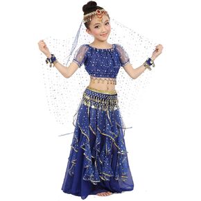 Girls Belly Dance Top Skirt Set Halloween Costume with Head Veil,Waist Chain