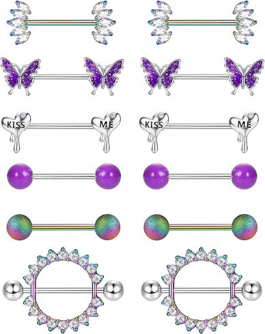 JeryWe 6 أزواج 14G الفولاذ المقاوم للصدأ حلقات الحلمة اللسان الدائري هيئة ثقب المجوهرات الحديد تشيكوسلوفاكيا القلب فراشة حلقات الحلمة للنساء الفتيات in Kuwait