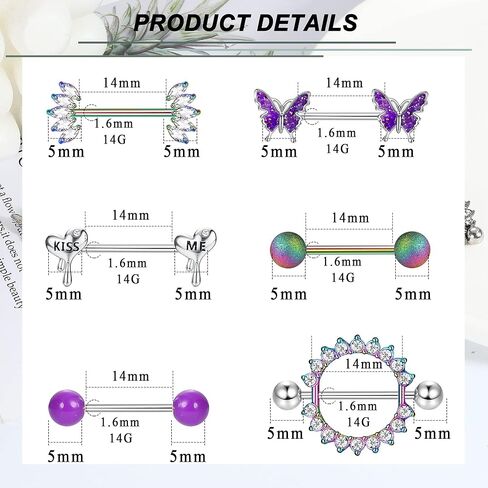 JeryWe 6 أزواج 14G الفولاذ المقاوم للصدأ حلقات الحلمة اللسان الدائري هيئة ثقب المجوهرات الحديد تشيكوسلوفاكيا القلب فراشة حلقات الحلمة للنساء الفتيات in Kuwait
