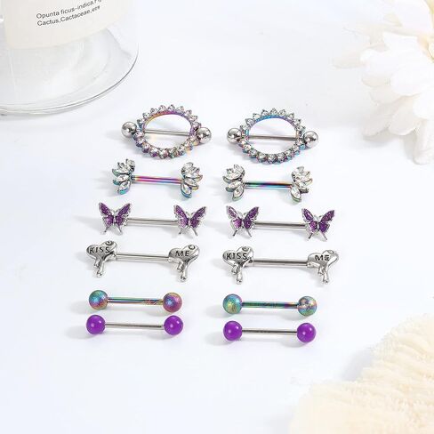 JeryWe 6 أزواج 14G الفولاذ المقاوم للصدأ حلقات الحلمة اللسان الدائري هيئة ثقب المجوهرات الحديد تشيكوسلوفاكيا القلب فراشة حلقات الحلمة للنساء الفتيات in Kuwait