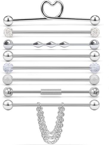 مجوهرات ثقب الحديد الصناعية من سيرينج 14 جرام من الفولاذ المقاوم للصدأ الغضروف اللولب محارة 1 1/2 بوصة (38 ملم) سلسلة قلب للنساء والرجال 8 قطع in Kuwait