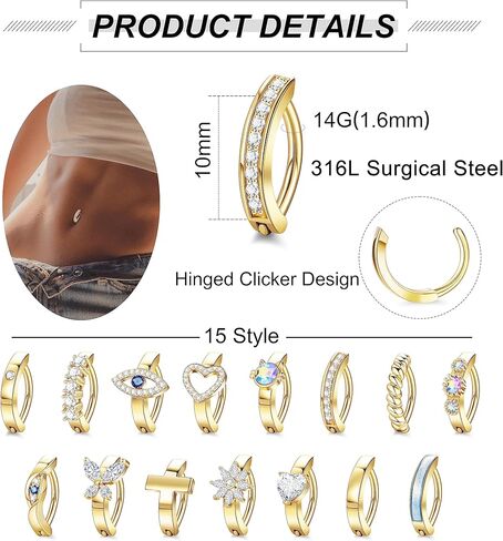 NICEIGHT 15Pcs 14G Surgical Steel Clicker Belly Button Rings for Women Girls Reverse Navel Rings Cute Simple CZ Butterfly Evil Eye Heart Belly Piercing Jewelry in Kuwait