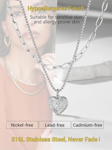 PROSTEEL Trendy Paperclip Chain Initial Heart Layered Necklace for Women, A-Z Available Black/Gold Plated Stainless Steel, 14"/20", Come Gift Box in Kuwait