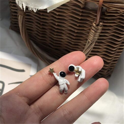 coadipress 3D Astronaut Star Stud Earrings for Women Teen Girls Cute Funny Creative Cartoon Gold Plated White Spaceman Irregular Asymmetric Earrings Jewelry in Saudi Arabia