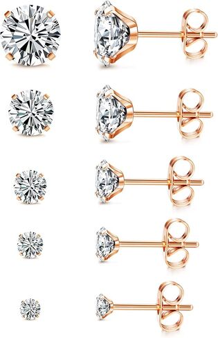 Sanfenly 5Pairs Stainless Steel Stud Earrings Set Hypoallergenic Round Cubic Zirconia CZ Earrings Studs for Women Men 3mm-8mm in Saudi Arabia