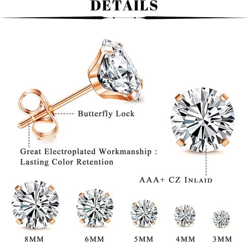 Sanfenly 5Pairs Stainless Steel Stud Earrings Set Hypoallergenic Round Cubic Zirconia CZ Earrings Studs for Women Men 3mm-8mm in Saudi Arabia