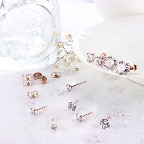 Sanfenly 5Pairs Stainless Steel Stud Earrings Set Hypoallergenic Round Cubic Zirconia CZ Earrings Studs for Women Men 3mm-8mm in Saudi Arabia