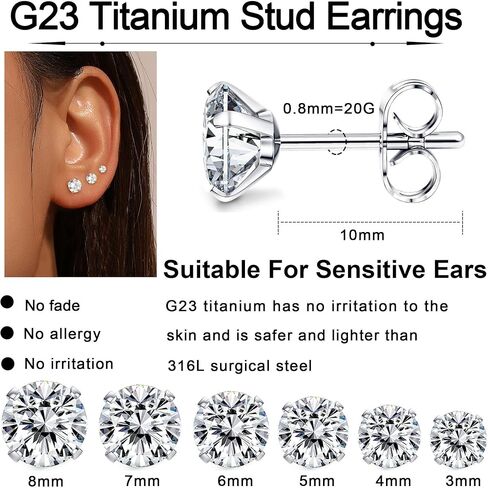 6 أزواج من أقراط التيتانيوم للنساء والرجال مكعبة الزركونيوم لا تسبب الحساسية مجموعة من الأقراط للأذنين الحساسة 3-8 مم in Kuwait